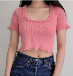 FLL Pink Ribbed Knit Top with Bow Detail